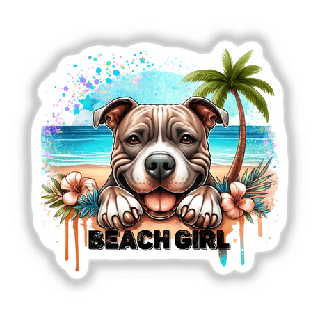 Cute Pitbull dog with tropical beach scene, digital artwork
