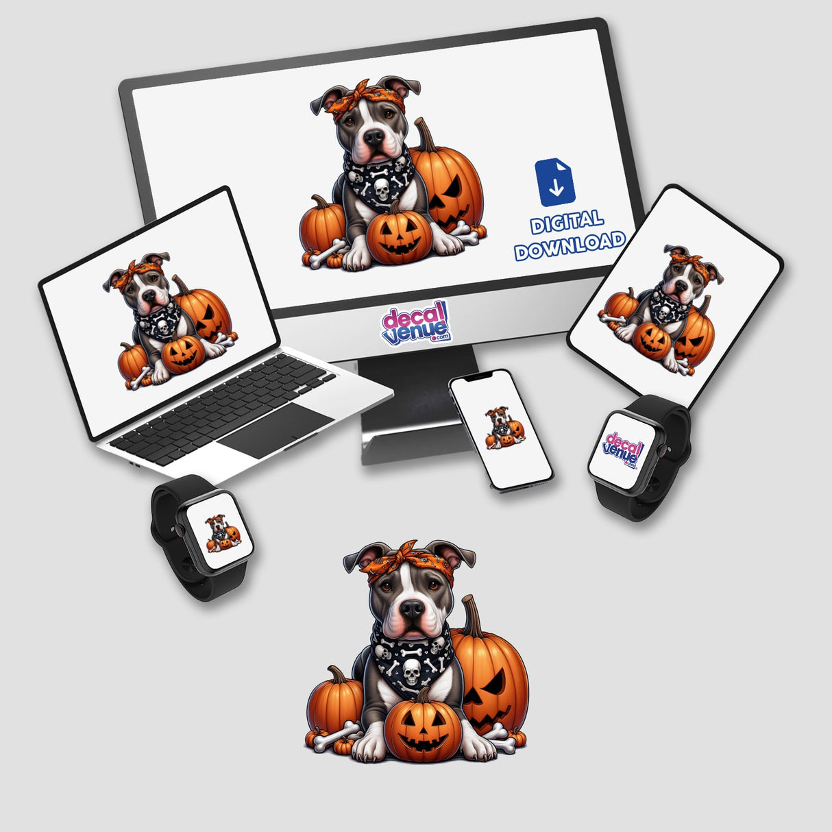 Skull Bandana Trick or Treat Pitbull Dog II artwork on laptop and computer screens with pumpkins, available as stickers or digital art.