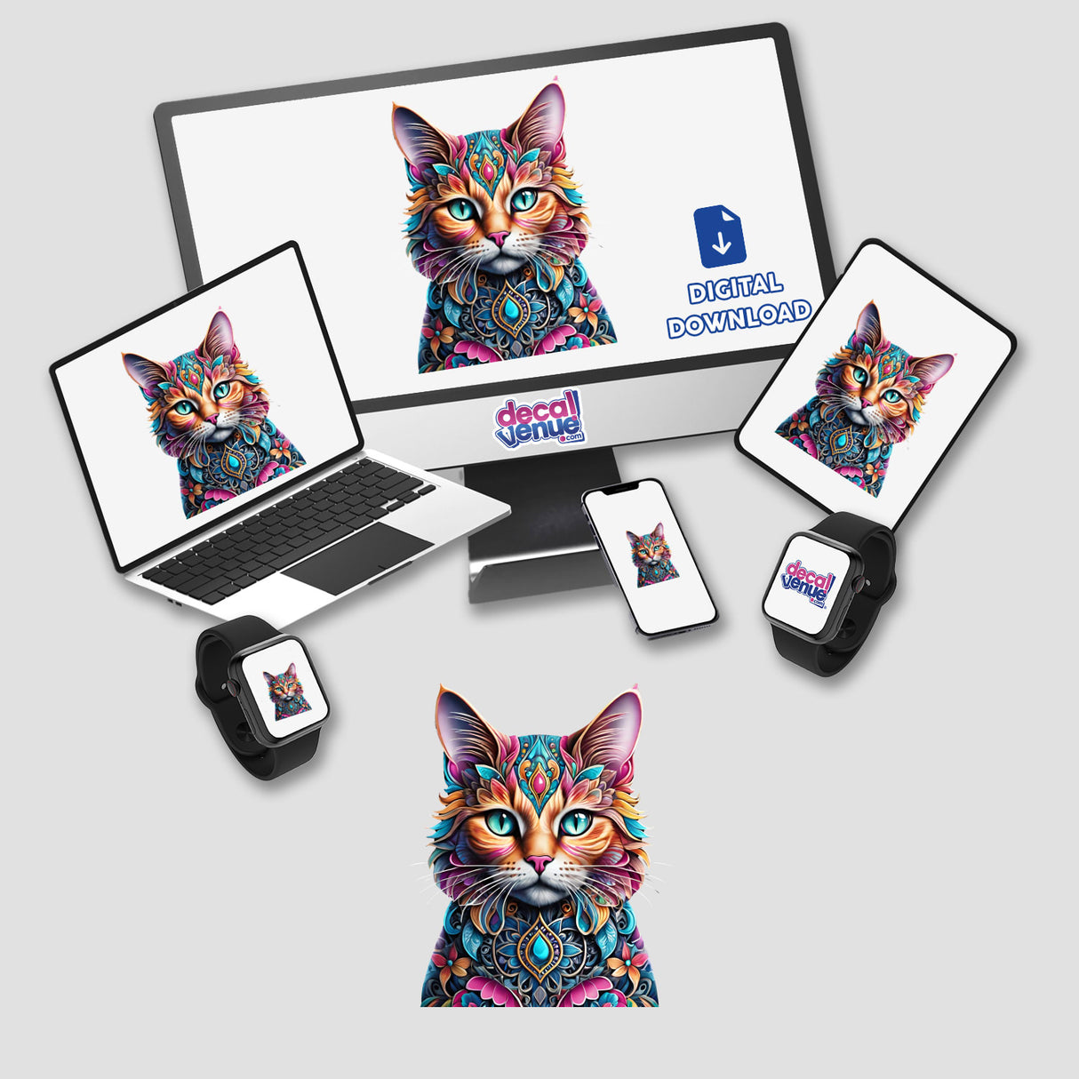 Vibrant digital artwork of a colorful cat portrait by PanzeeArt, showcased on various digital device mockups for the Decal Venue store.