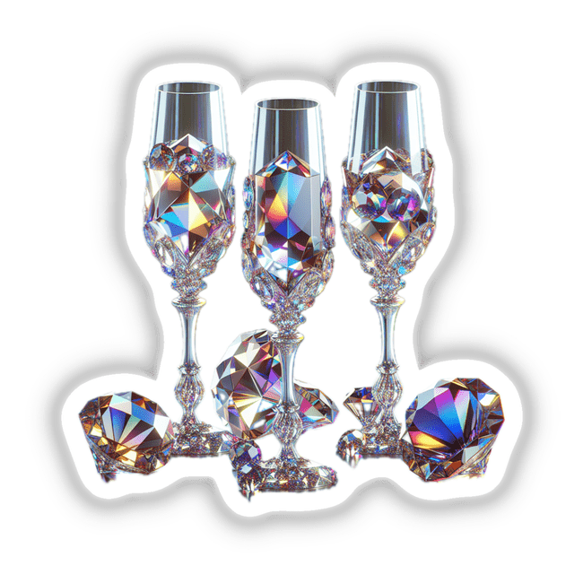 Gemstone Champagne Glasses: Intricately designed glasses adorned with diamond-like crystals, available as stickers or digital artwork. Perfect for adding a touch of elegance to your collection.