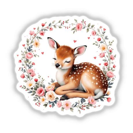 Sleeping Deer with Heart Wreath: A serene baby deer nestled in a heart-shaped floral wreath, available as stickers or digital art, adding a whimsical touch to your space.