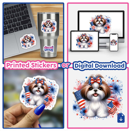 Patriotic Shih Tzu Dog American Flag II stickers displayed on a laptop, cup, and in a hand, featuring a Shih Tzu dog with a bow and American flag.
