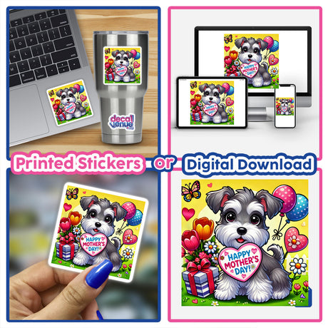 Mother’s Day Garden Schnauzer sticker features a cartoon dog with flowers and balloons, showcasing love. Available as vinyl stickers or digital artwork from Decal Venue.