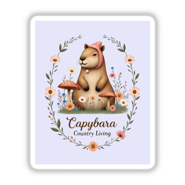 Capybara Country Living Sticker or Clipart features a cartoon capybara surrounded by whimsical flowers and mushrooms, ideal for unique creative projects with commercial rights.