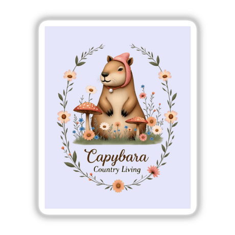 Capybara Country Living Sticker or Clipart features a cartoon capybara surrounded by whimsical flowers and mushrooms, ideal for unique creative projects with commercial rights.