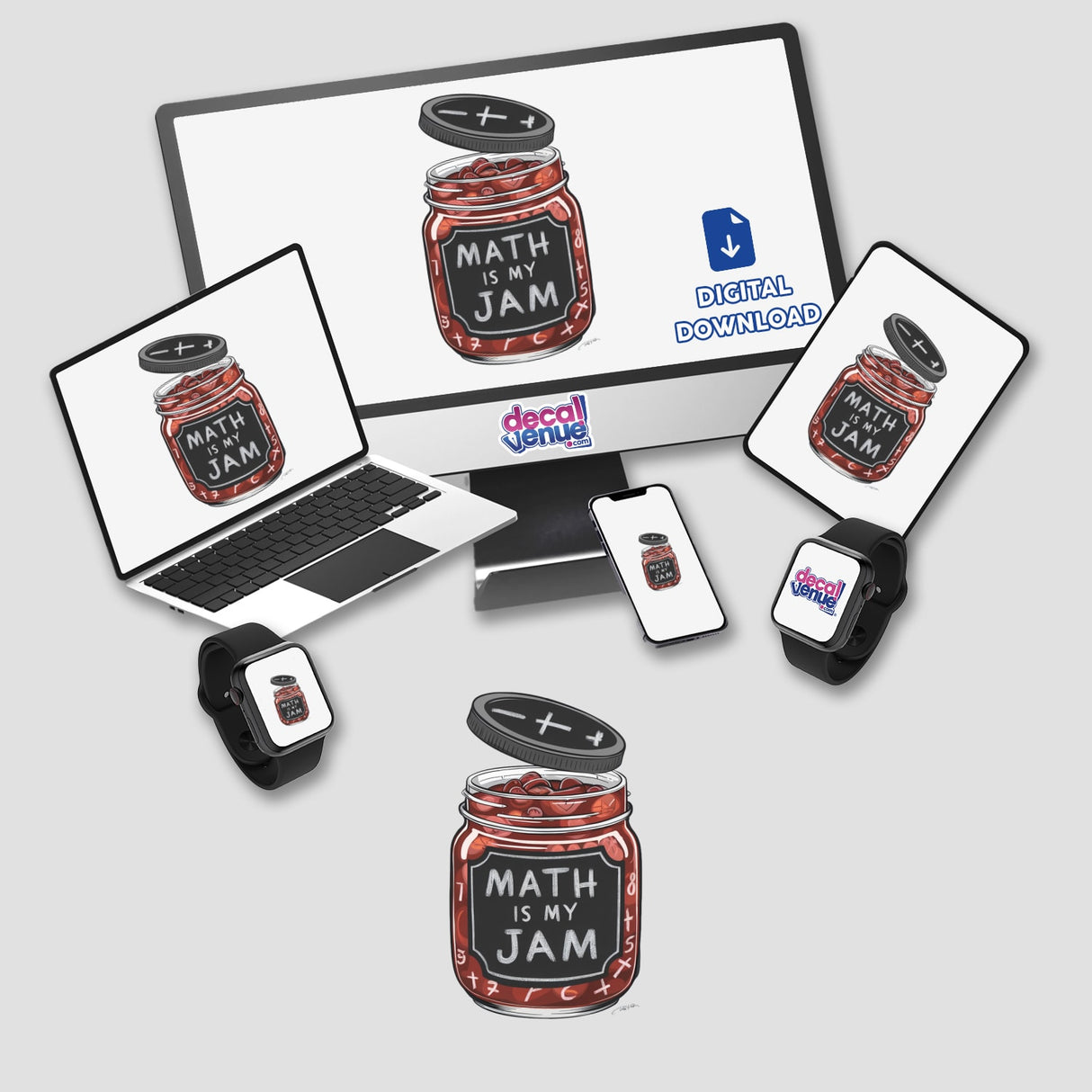 "Math Is My Jam" digital artwork featuring a graphic design of a mason jar filled with colorful mathematical symbols, available as stickers or digital download format from DecalVenue store.