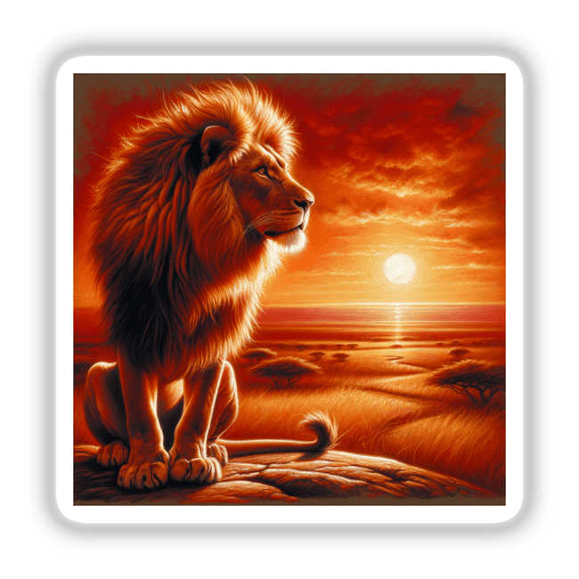 Lion on a Rocky Outcrop at Sunrise: Illustration of a lion majestically perched on a rock, available as stickers or digital artwork from Decal Venue.