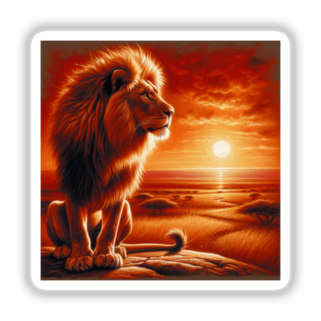 Lion on a Rocky Outcrop at Sunrise: Illustration of a lion majestically perched on a rock, available as stickers or digital artwork from Decal Venue.