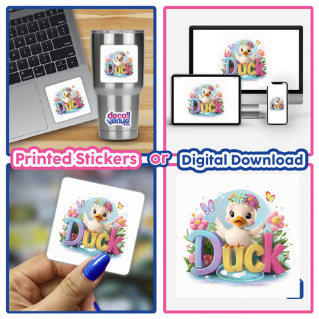 Whimsical digital artwork of a cheerful duck surrounded by colorful flowers and butterflies, showcased in various digital formats including laptop, mobile devices, and sticker form.