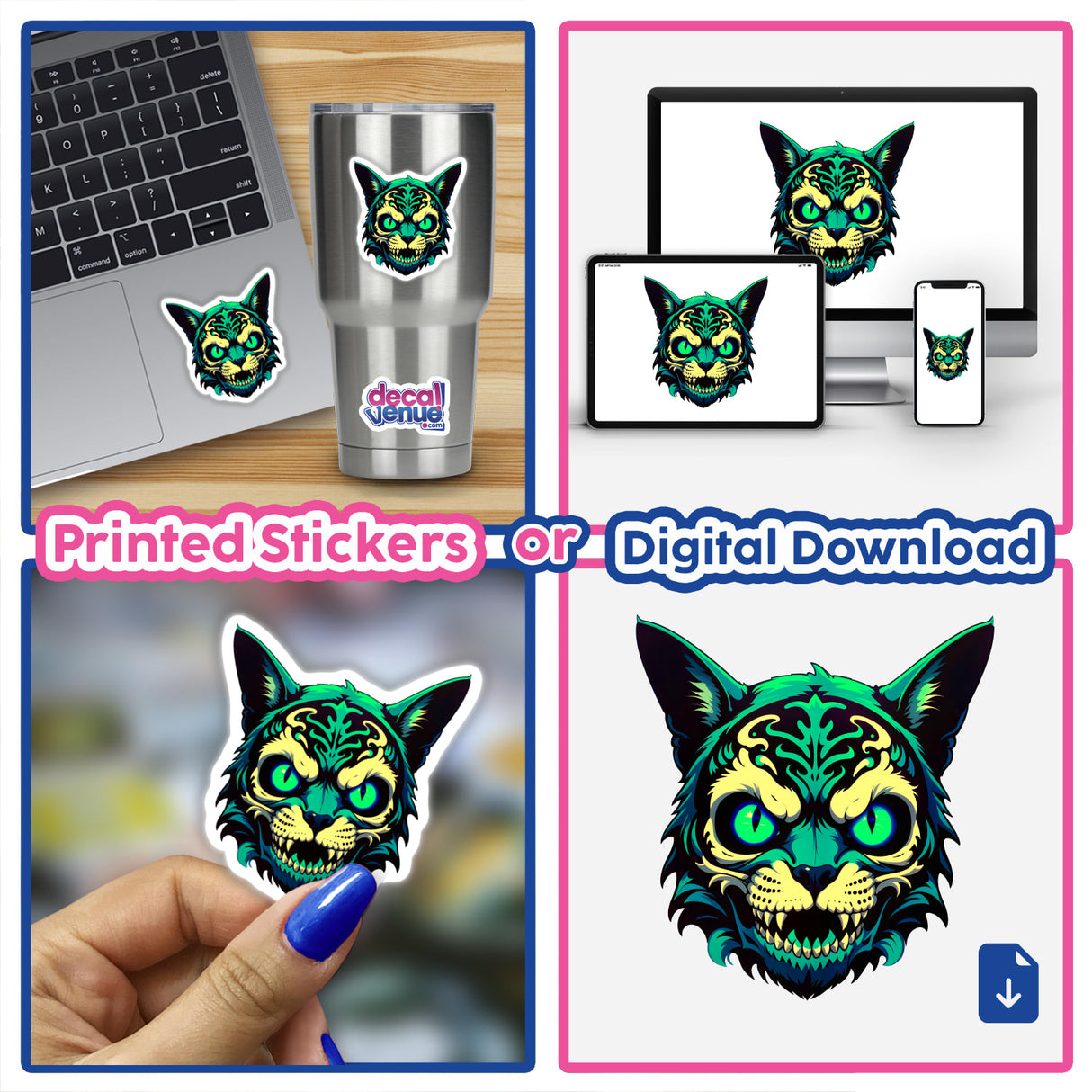 Collage featuring A Cool Undead Cat Skull sticker on laptops and cups, highlighting unique vinyl sticker designs available at Decal Venue.