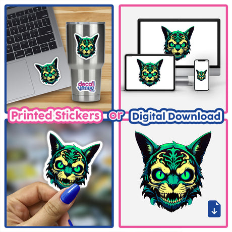 Collage featuring A Cool Undead Cat Skull sticker on laptops and cups, highlighting unique vinyl sticker designs available at Decal Venue.