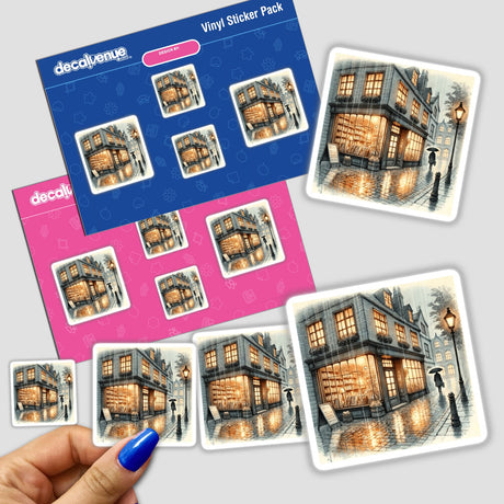 Hand holding Charming Bookstore on a Rainy Day sticker pack, featuring whimsical drawings of a vintage street bookstore with people walking in the rain. Ideal for art lovers and bookworms.