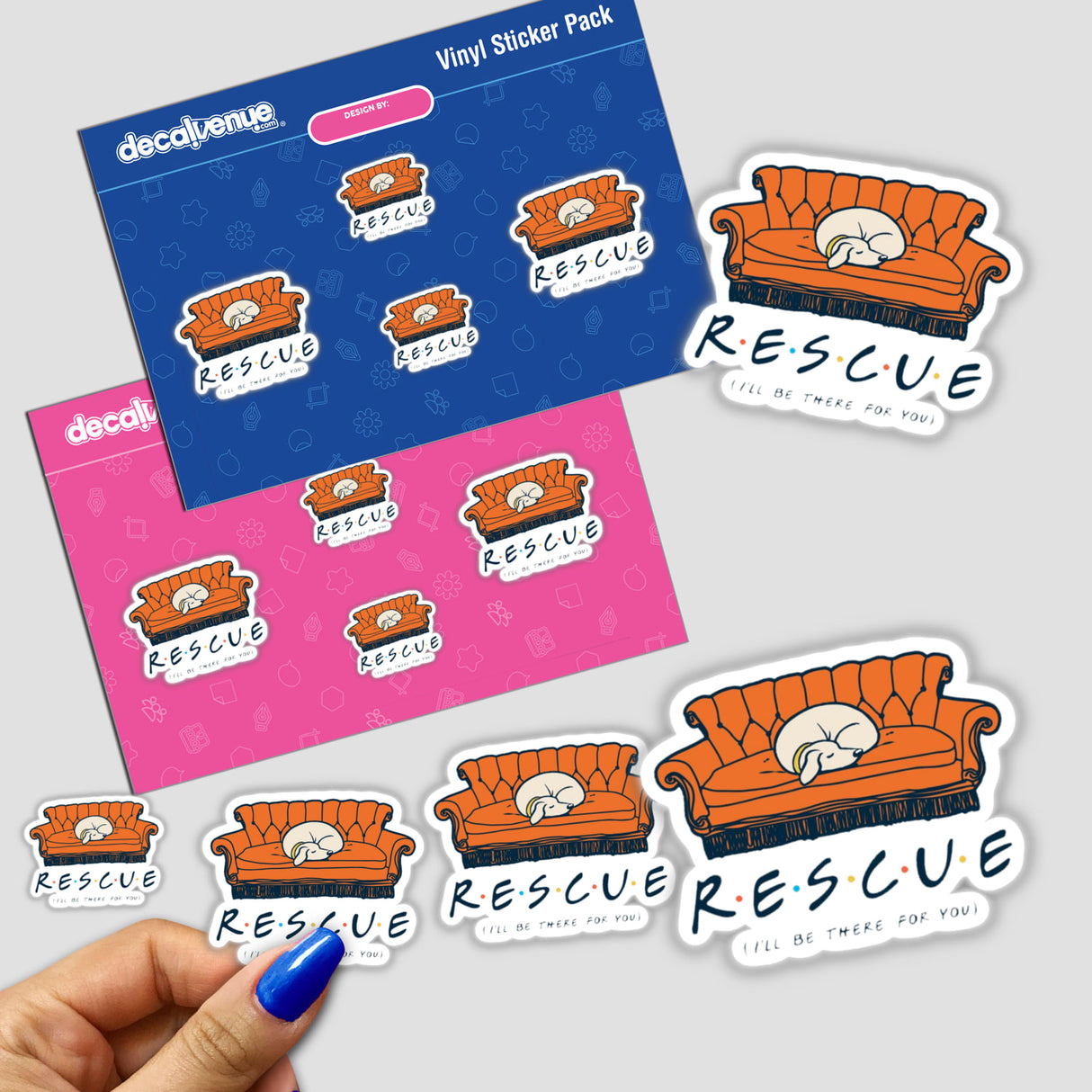 I'll Be There For You sticker featuring a dog sleeping on a couch, held by a hand, showcasing Decal Venue's unique vinyl sticker collection.