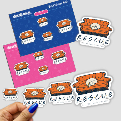 I'll Be There For You sticker featuring a dog sleeping on a couch, held by a hand, showcasing Decal Venue's unique vinyl sticker collection.