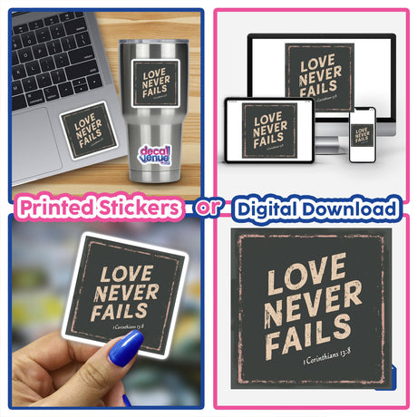 Collage featuring the 'Love Never Fails- 1 Corinthians 13:8' Christian Sticker or Clipart with Commercial Rights, showcasing its design among laptops, aligning with Decal Venue's unique sticker and digital art offerings.
