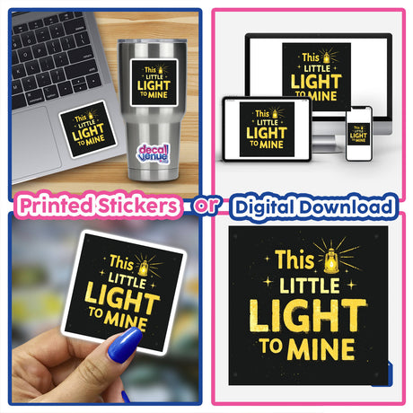 This Little Light of Mine Typography Design Sticker or Clipart with Commercial Rights, displayed as a collage featuring a laptop adorned with the design, emphasizing its application on electronic devices.