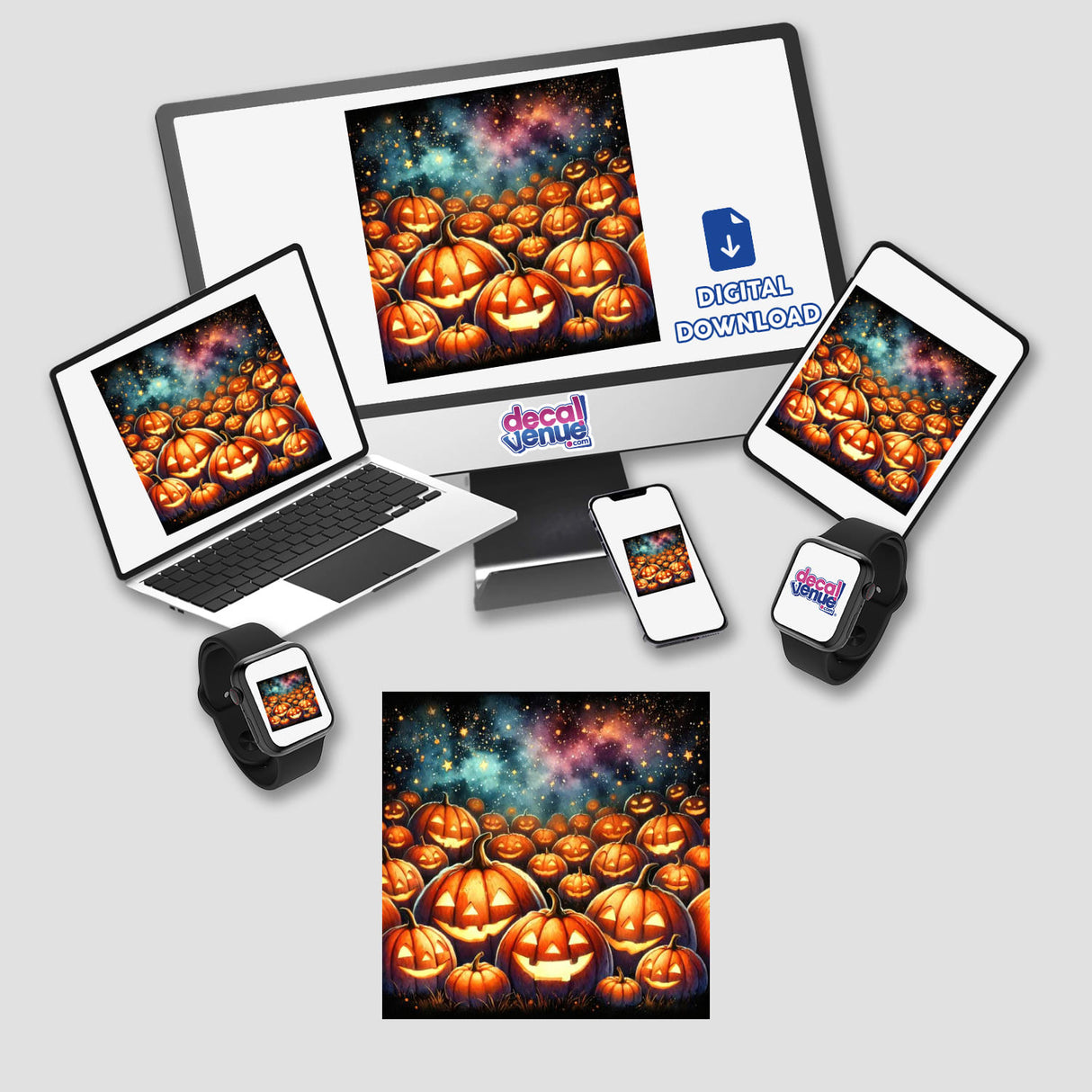 Pumpkin Patch - Glowing Jack-o_-Lanterns Watercolor displayed on a laptop, phone, and tablet. Available as stickers or digital artwork from Decal Venue.