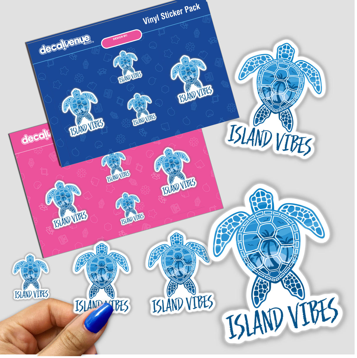 Island Vibes Tropical Sunset Sea Turtle Design featuring a blue turtle with palm trees, available as a vinyl sticker, shown on a hand and a surface, embodying Decal Venue's unique style.