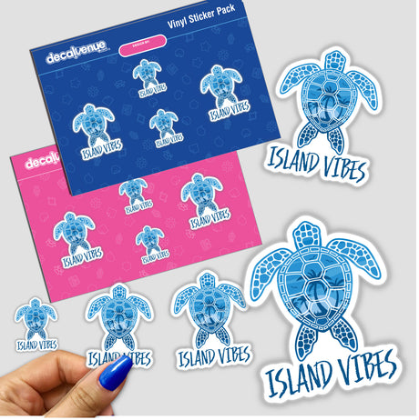 Island Vibes Tropical Sunset Sea Turtle Design featuring a blue turtle with palm trees, available as a vinyl sticker, shown on a hand and a surface, embodying Decal Venue's unique style.