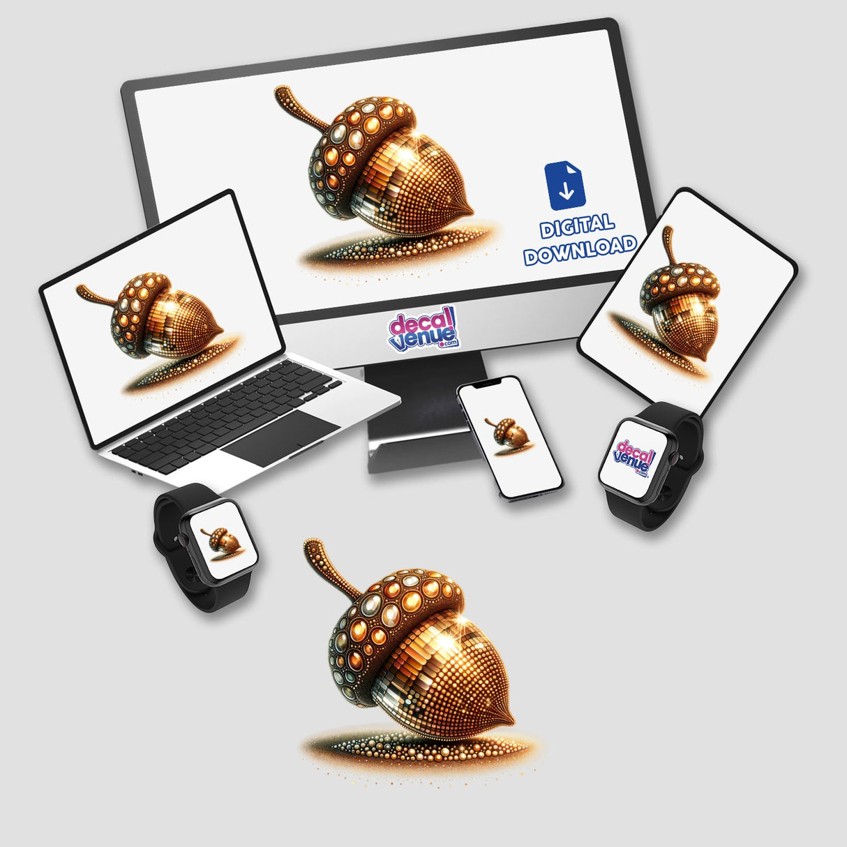 Shiny Acorn with Intricate Design displayed on a computer monitor and laptop screen, offered as stickers or digital artwork.
