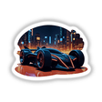 Futuristic Electric Race Car featured as a sleek black sports car with distinctive red lights, available as unique stickers or digital artwork from Decal Venue.