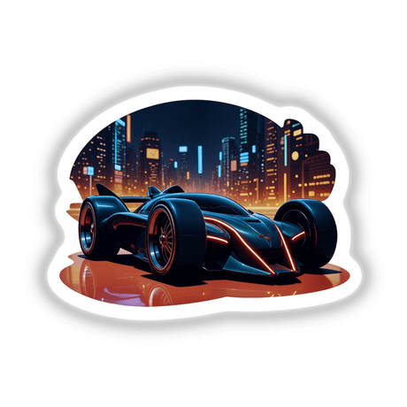 Futuristic Electric Race Car featured as a sleek black sports car with distinctive red lights, available as unique stickers or digital artwork from Decal Venue.