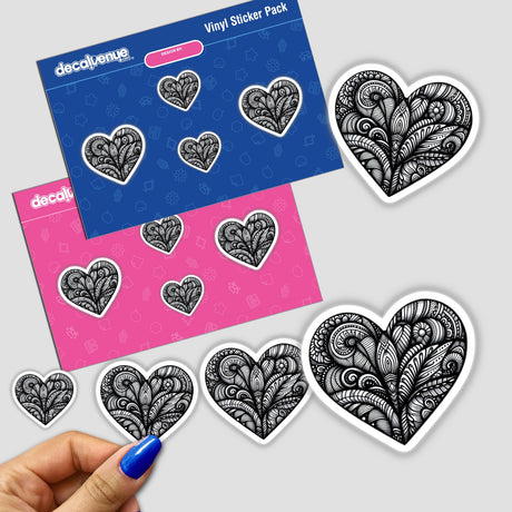 Zentangle heart design on a fingernail, featuring intricate patterns, available as stickers or digital artwork.