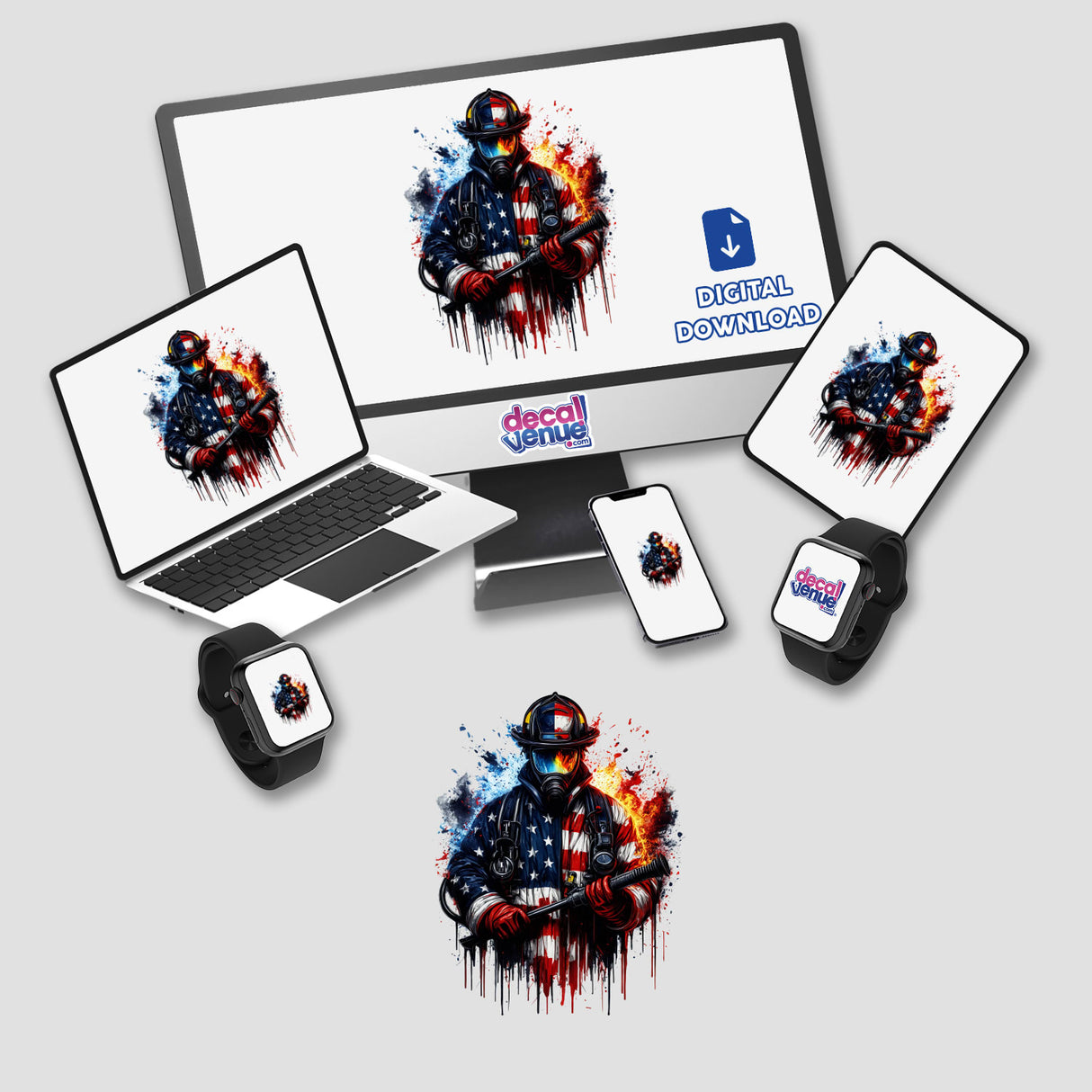 Colorful firefighter illustration with American flag design, appearing on various electronic devices including a laptop, tablet, smartphone, and smartwatch from the Decal Venue store.