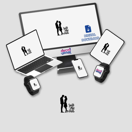 Save the date wedding stickers or digital artwork featuring a computer monitor and laptop displaying a couple on screen, symbolizing love and connection.