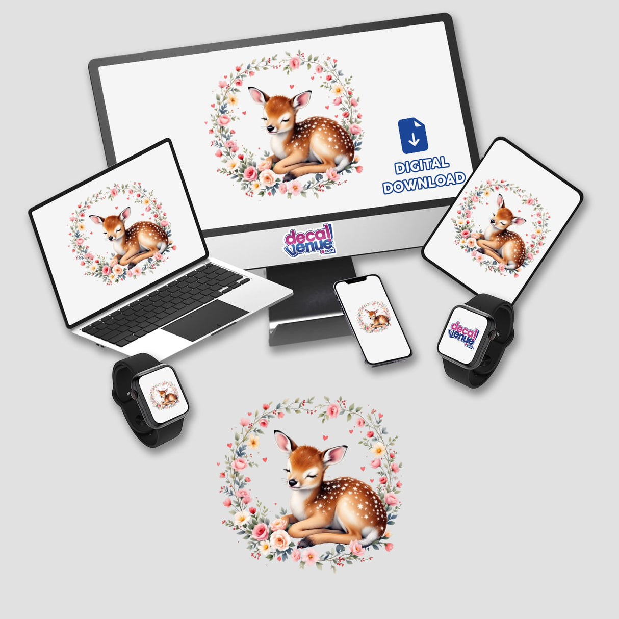 Sleeping Deer with Heart Wreath features a peaceful deer nestled in a heart-shaped wreath, available as stickers or digital art, perfect for personalizing belongings or digital devices.