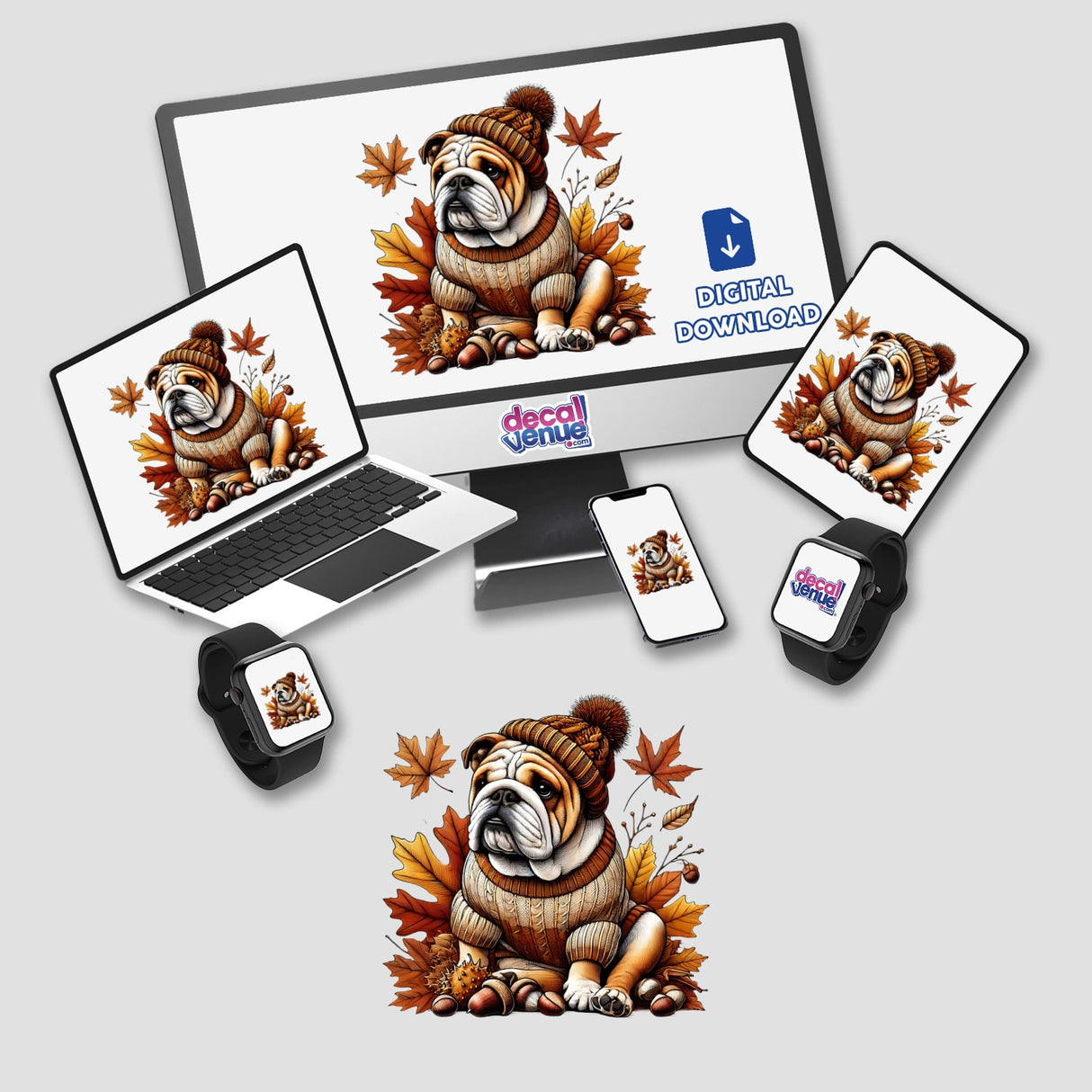 Autumn-themed digital artwork featuring a cozy bulldog in a knitted sweater surrounded by fallen leaves, displayed on various digital devices from the Decal Venue store.