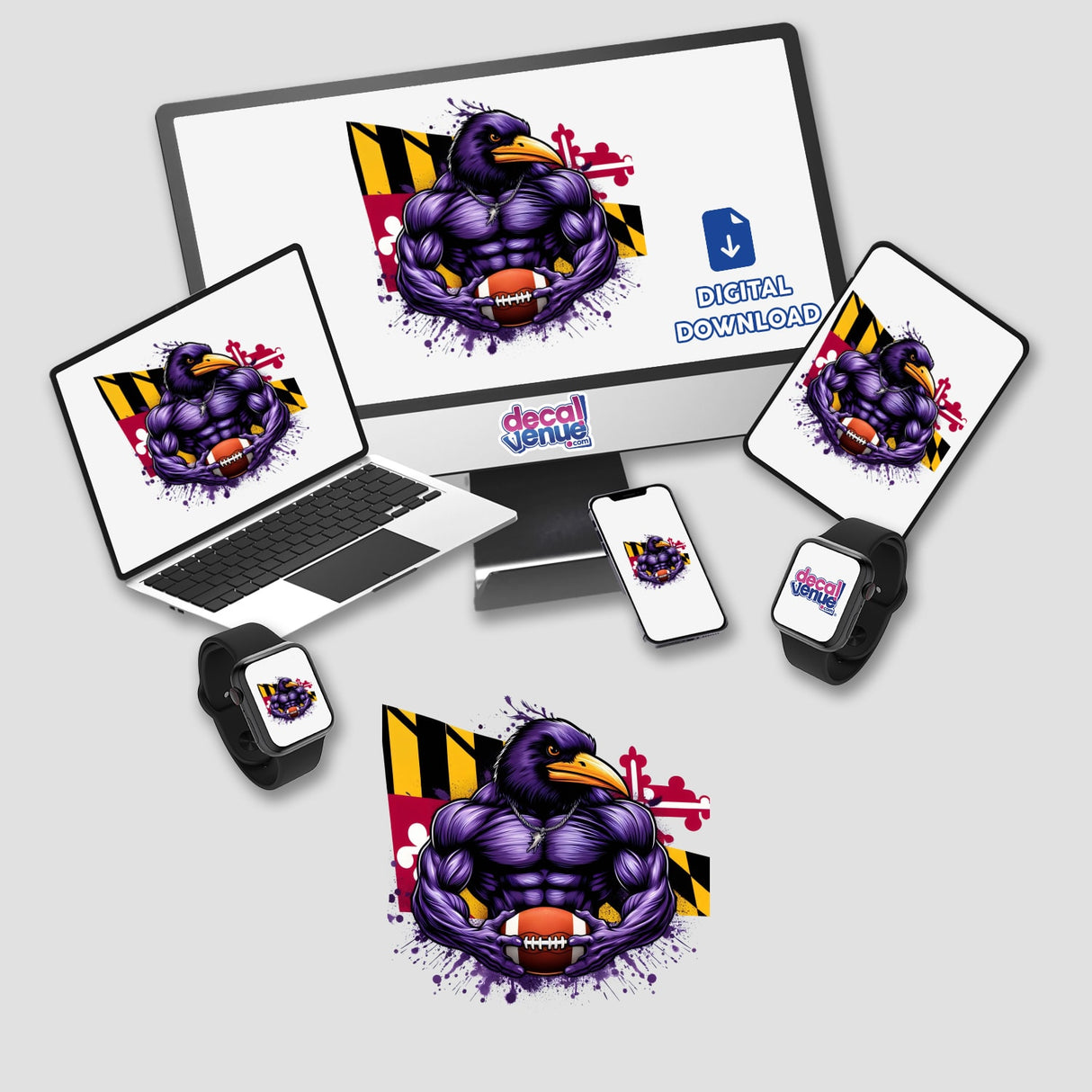 Muscular Purple Raven Bird Holding Football, displayed on various devices including a laptop, smartphone, and smartwatch. Available as stickers or digital artwork from Decal Venue.