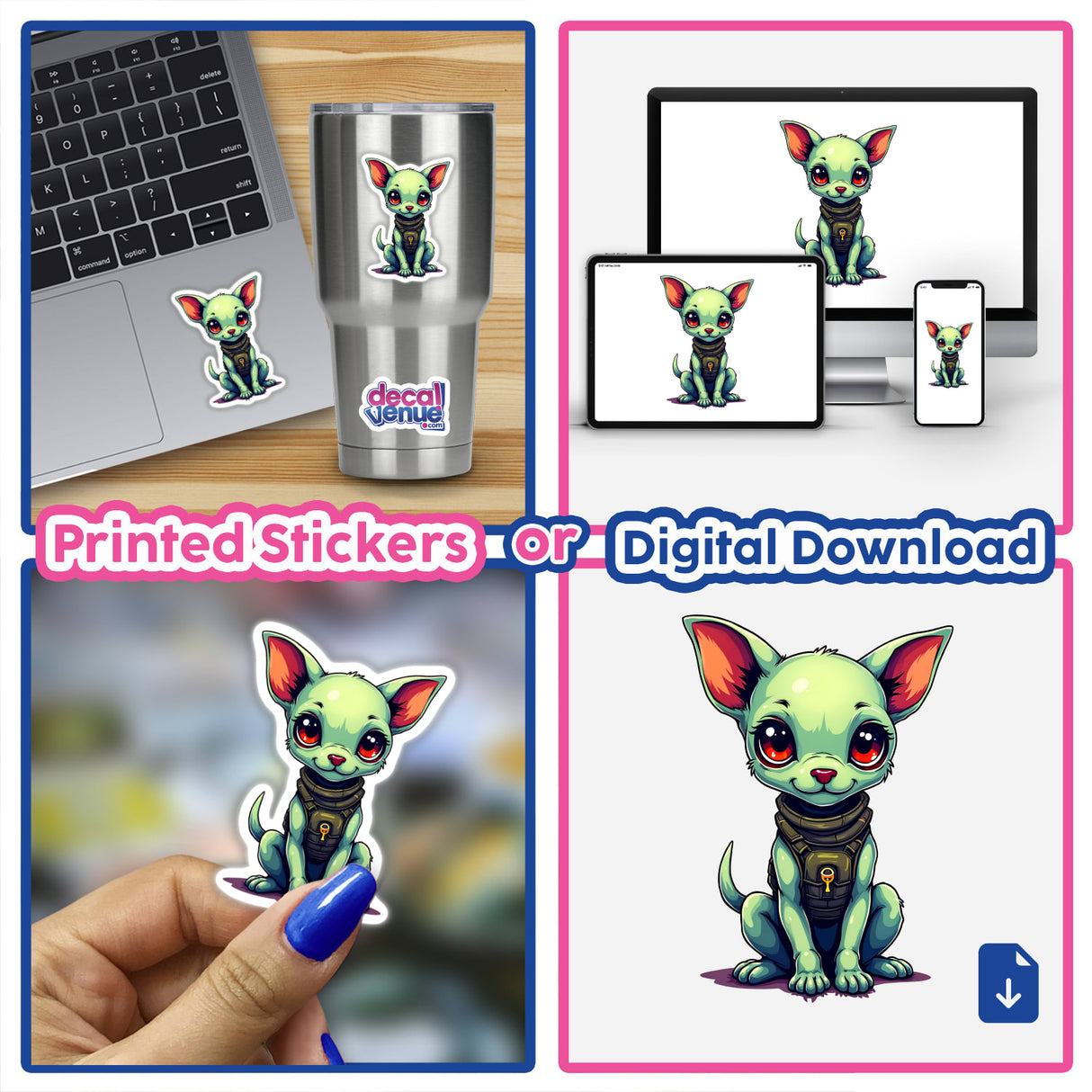 Collage of dog stickers featuring A Cute Dog From Space, showcasing cartoon dogs on items like a laptop and a cup, available as stickers or digital artwork.