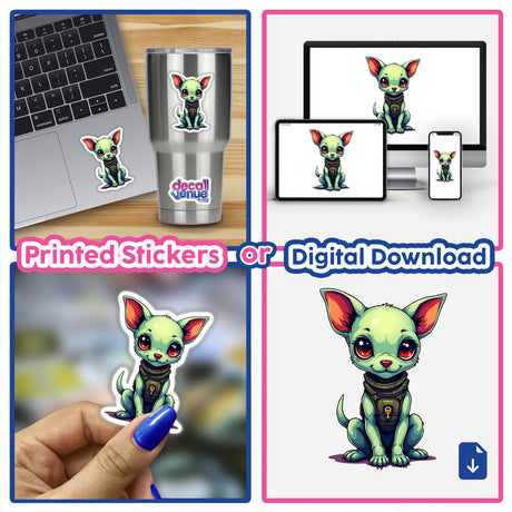 Collage of dog stickers featuring A Cute Dog From Space, showcasing cartoon dogs on items like a laptop and a cup, available as stickers or digital artwork.