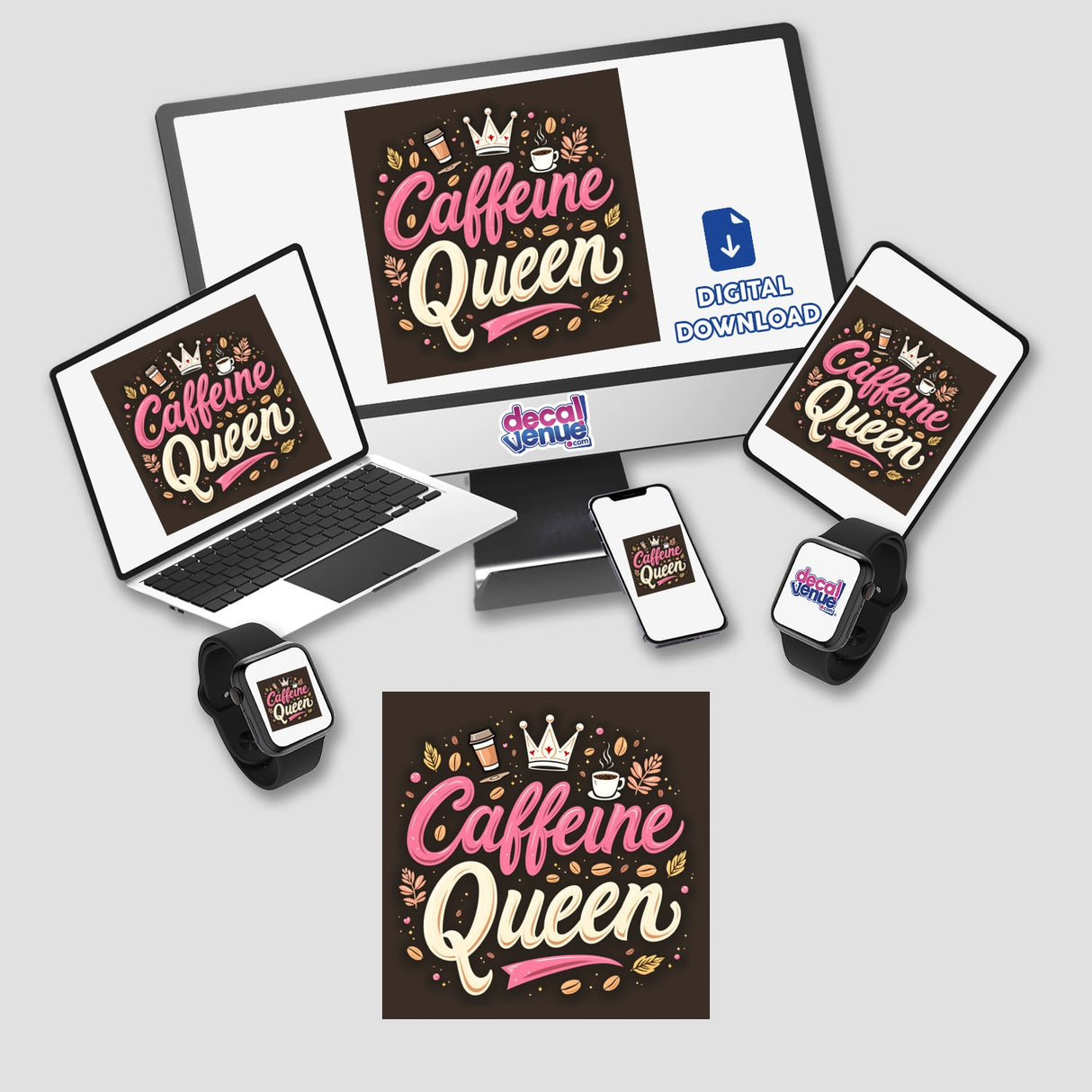 Caffeine Queen Sticker featuring fun coffee clipart with a computer, laptop, and smartphone in the background; perfect for espresso lovers and coffee queens from Decal Venue.