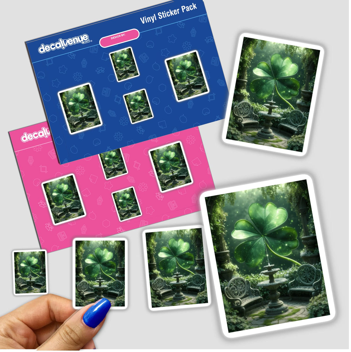 Mystical Shamrock Garden sticker featuring glowing four-leaf clovers and a hand, available as vinyl stickers or digital artwork, capturing the essence of an enchanted courtyard.
