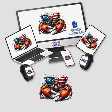 American Steamed Crab design features a crab in sunglasses with the American flag, ideal for stickers or digital art, embodying Decal Venue's unique style.
