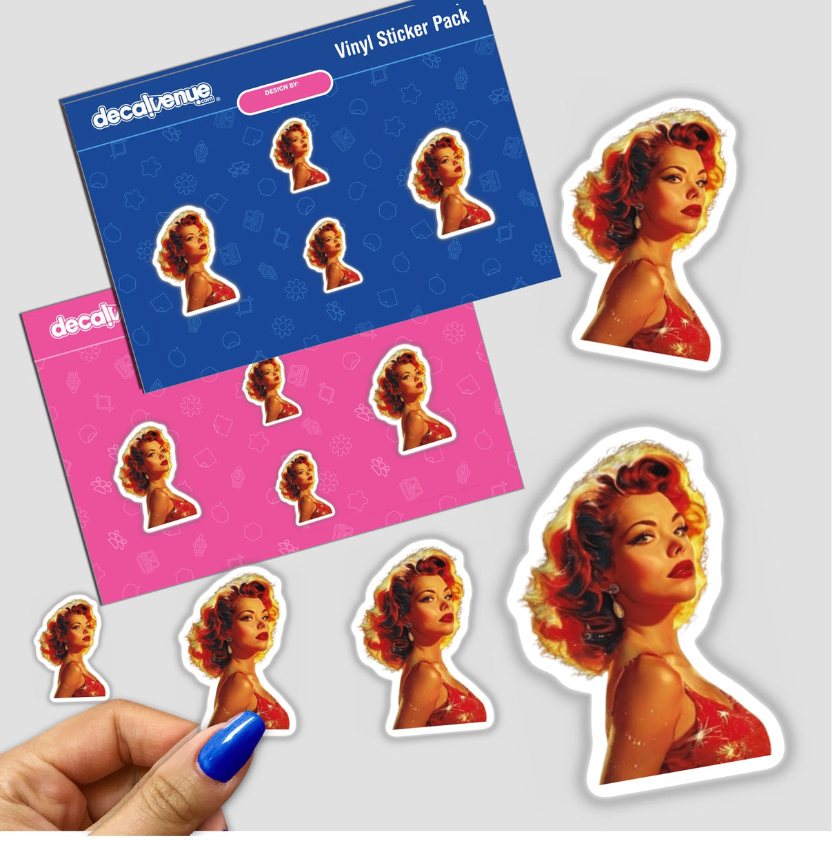 Vintage Glamour Clipart - Retro Pin-Up Girl Sticker featuring a red-haired woman in a red dress, available for commercial use as stickers or digital artwork.