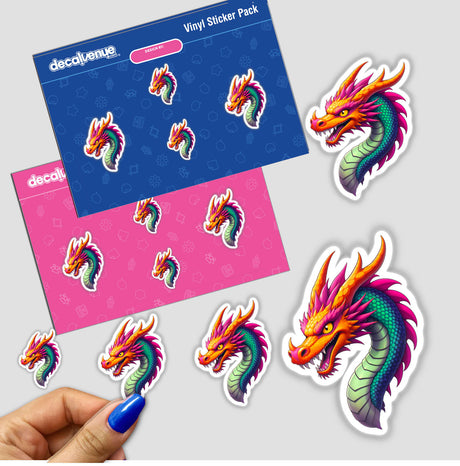 A hand holds a A Cool Fantasy Dragon sticker, featuring a colorful cartoon dragon with vibrant hair, highlighting Decal Venue's unique vinyl sticker and digital art offerings.