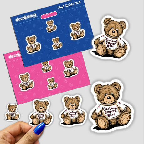 Plush toy bear stickers with "Emotional Support Bear" text, arranged on pink and blue background with Decal Venue branding, depicting a variety of teddy bear designs in various poses and sizes