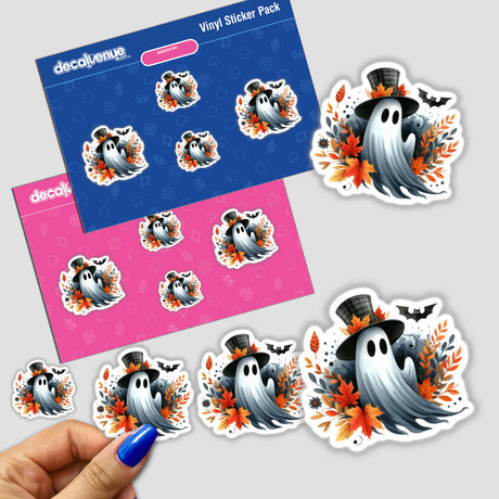 Sticker pack featuring the Fall Top Hat Watercolor Ghost adorned with leaves and flowers.