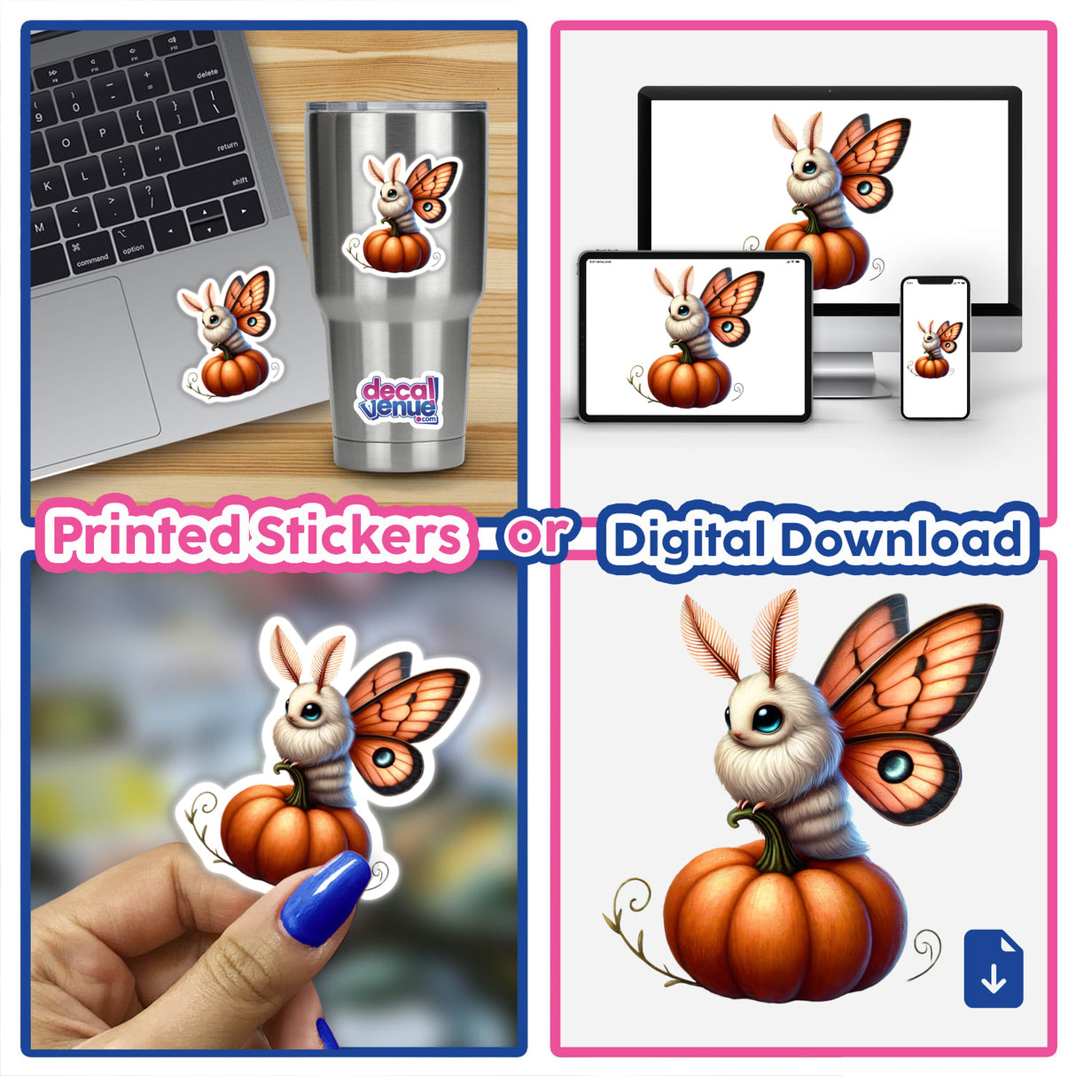 Moth on Pumpkin collage: cartoon character stickers and digital artwork options featuring a butterfly on a pumpkin, showcased on a laptop and close-ups of the detailed design.