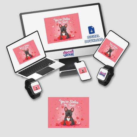 French Bulldog Sticker and Clipart with Commercial Rights, featuring an adorable dog holding a heart. Ideal as Valentine's Day digital artwork or stickers, showcasing a playful and charming canine theme.