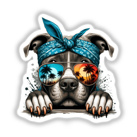 Tupac Style Pitbull Dog with sunglasses reflecting palm trees, wearing a bandana. Available as stickers or digital artwork from Decal Venue, known for unique vinyl stickers and digital art.