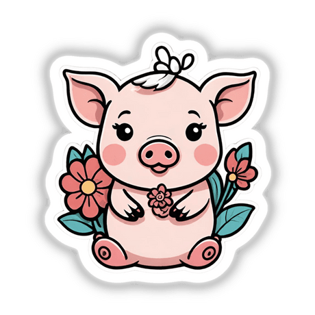 Cute pink piglet with flowers, digital artwork sticker