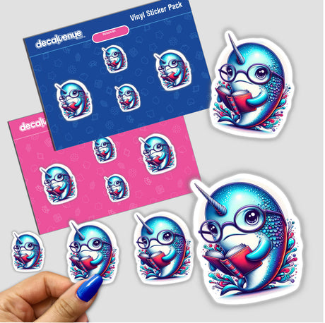 Narwhal With Reading Glasses Open Book sticker pack featuring whimsical cartoon narwhals and whales reading, available as unique vinyl stickers or digital artwork from Decal Venue.