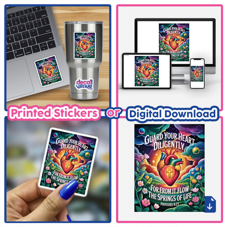 Collage featuring Proverbs 4:23 Guard Your Heart stickers and clipart, showcasing their application on laptops, cups, and phones, embodying versatile digital artwork and sticker options.