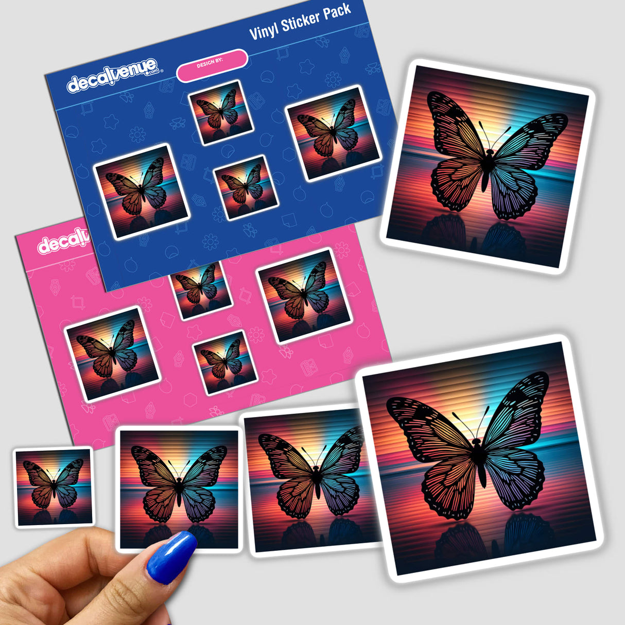 Butterfly Silhouette with Multi-Color Stripes sticker featuring intricate butterfly designs on a vibrant background.