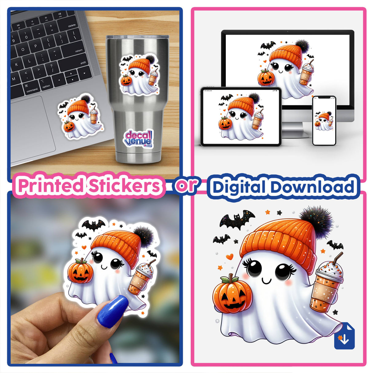 Cute Pumpkin Ghost with Coffee and Bats II - Versatile digital artwork of an adorable pumpkin-headed ghost holding a coffee cup and surrounded by bats, available as printed stickers or digital download from Decal Venue.