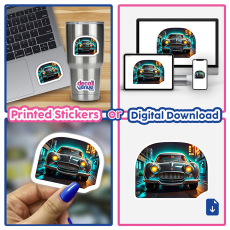Collage featuring 'A Classic Futuristic Car' on a laptop screen and as digital artwork, emphasizing the sleek design and innovation. Available as stickers or digital art from Decal Venue.